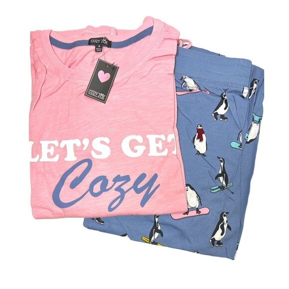 Cozy Zoe Womens Pink Blue Penguins Long Sleeve Pajamas 2 Pc Sets Sz S New - Picture 3 of 9